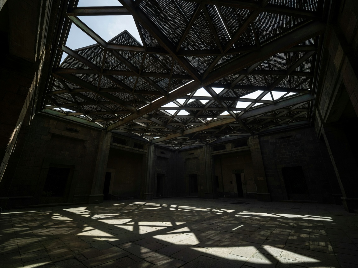 A protected courtyard framed by dark structural members and shifting overhead light