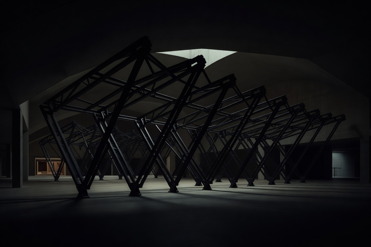 Articulated roof frames shown in silhouette against a dark architectural interior