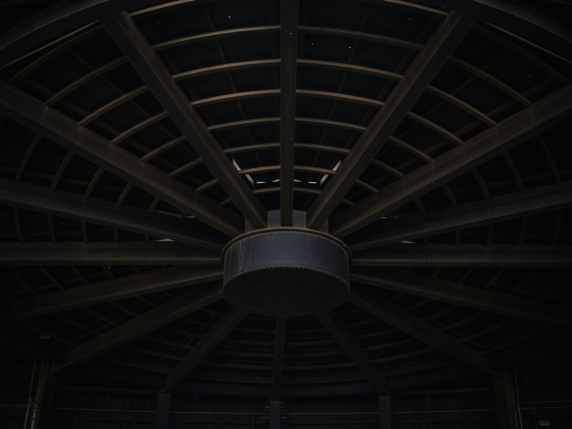 Dark view of a radial roof structure with beams converging around a central pivot